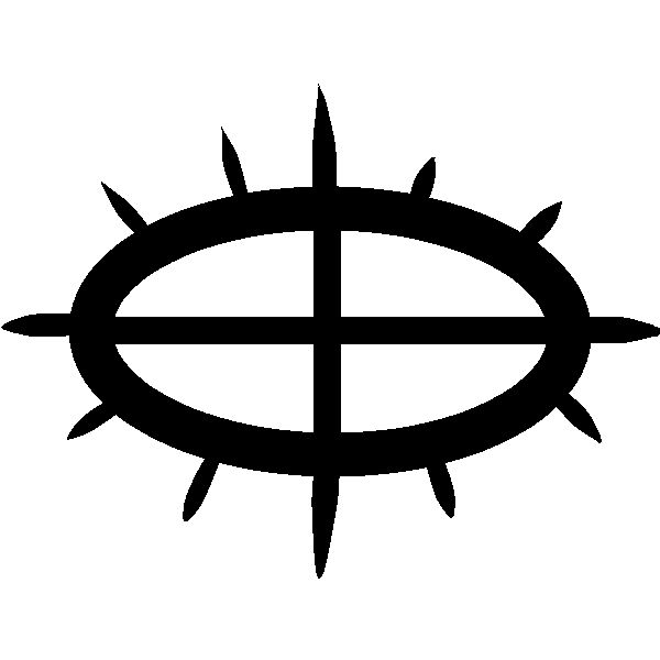 An oval with horizontal and vertical line through it, and smaller spikes on the outer edges.
